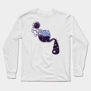 Cute Astronaut Pouring Space From Teapot Cartoon Long Sleeve T-Shirt